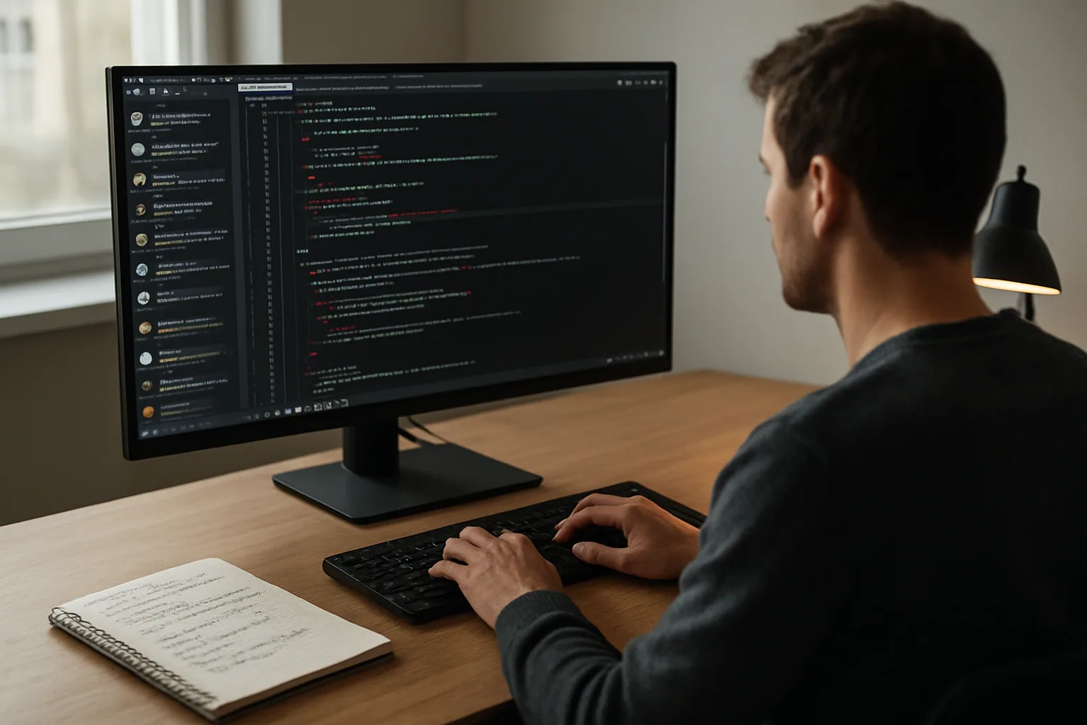 Una persona desarrolladora revisa un proyecto en Visual Studio Code en un escritorio real, con varias conversaciones de Copilot abiertas en el panel lateral y una pizarra con notas técnicas al fondo.