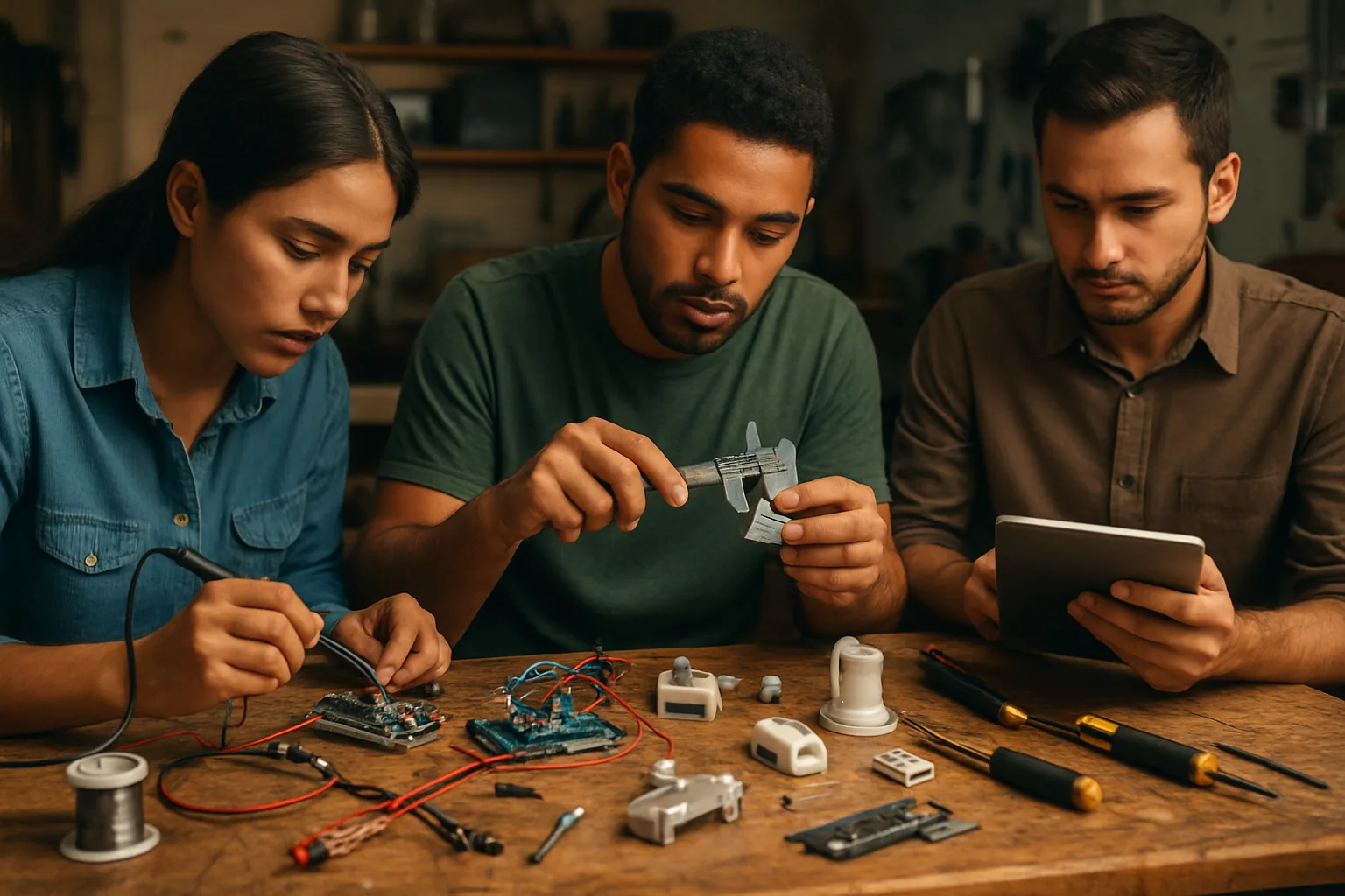 Un equipo de tres personas arma un prototipo físico sobre una mesa de taller con cables, sensores, placas electrónicas y herramientas, mientras revisa una pantalla con planos y notas.