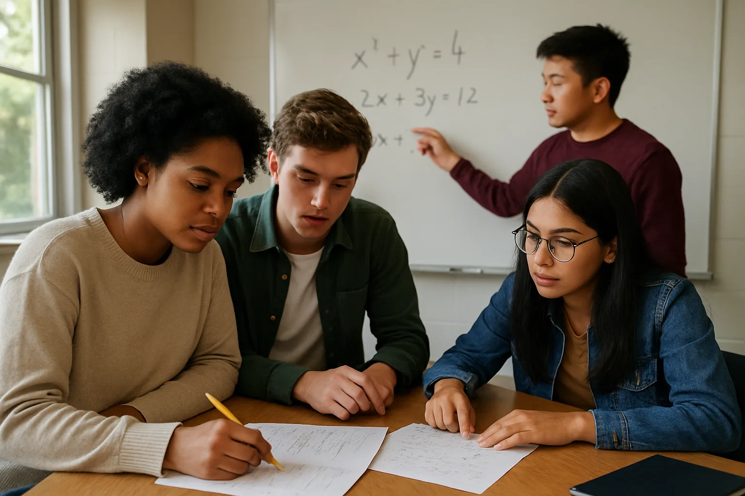 Un grupo de estudiantes de STEM revisa un examen de matemáticas en un aula universitaria, con pizarrón y apuntes sobre la mesa.