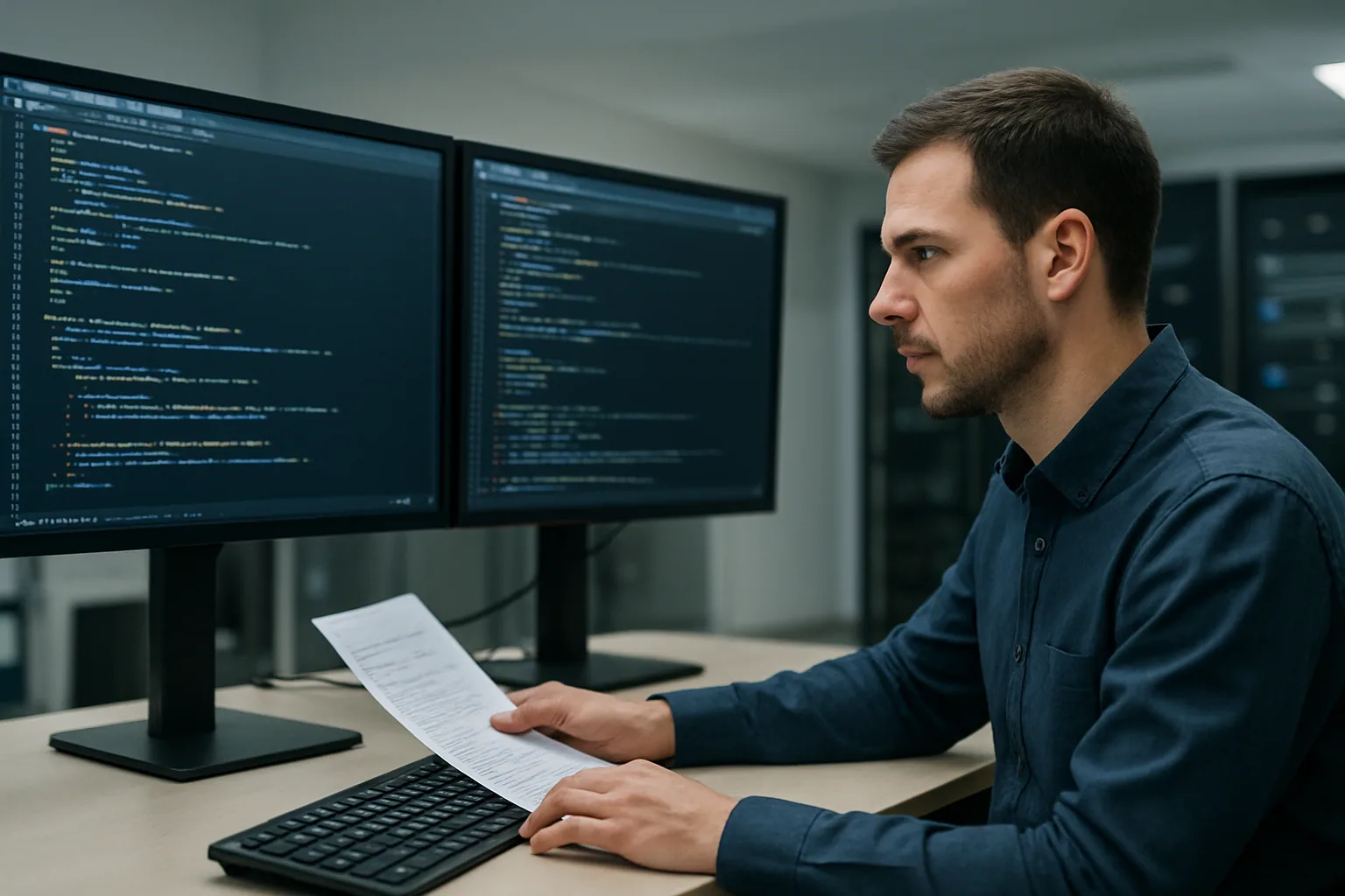 Un analista de ciberseguridad revisa logs y código en un monitor dentro de una sala de operaciones de TI con varios monitores y servidores al fondo.
