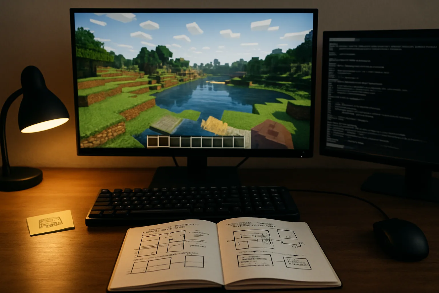 Una escena de Minecraft con un entorno técnico improvisado, bloques formando una sala de control y una pantalla mostrando una interfaz de compositor.