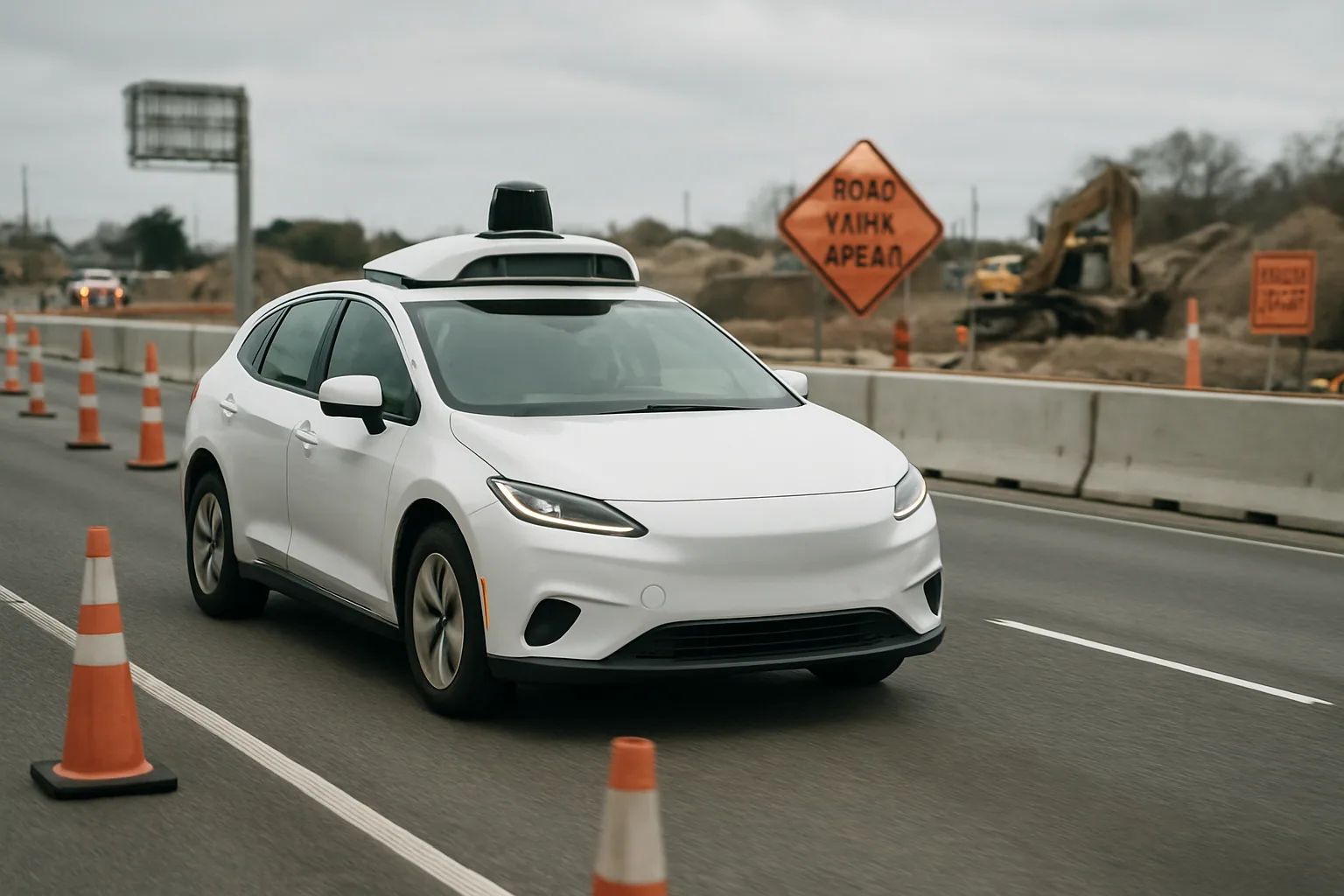 Un robotaxi de Waymo circula junto a una zona de construcción en una autopista, con conos naranjas y señalización vial visible al costado.