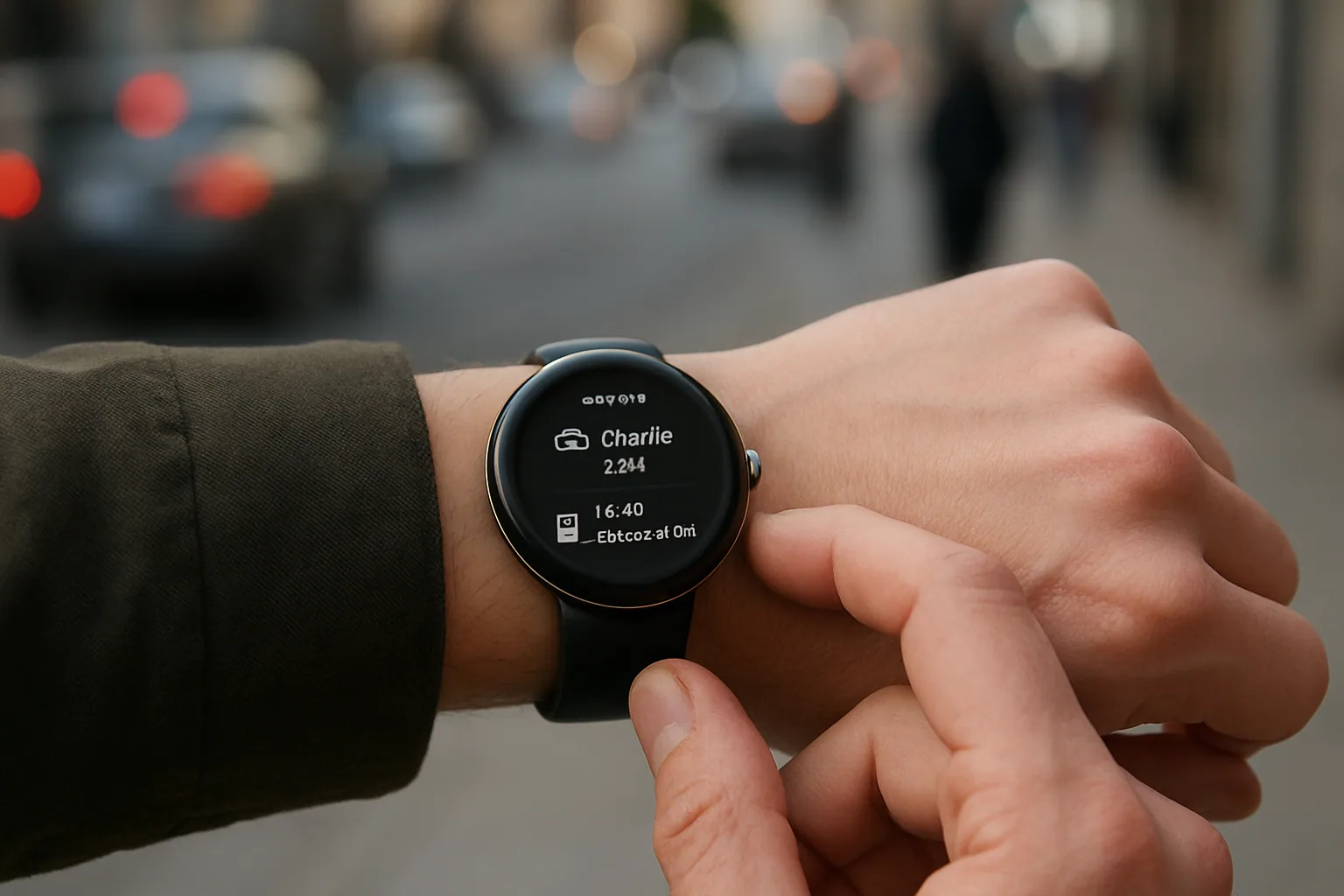 Un Google Pixel Watch en la muñeca de una persona mientras revisa una notificación con información ampliada en una calle urbana.
