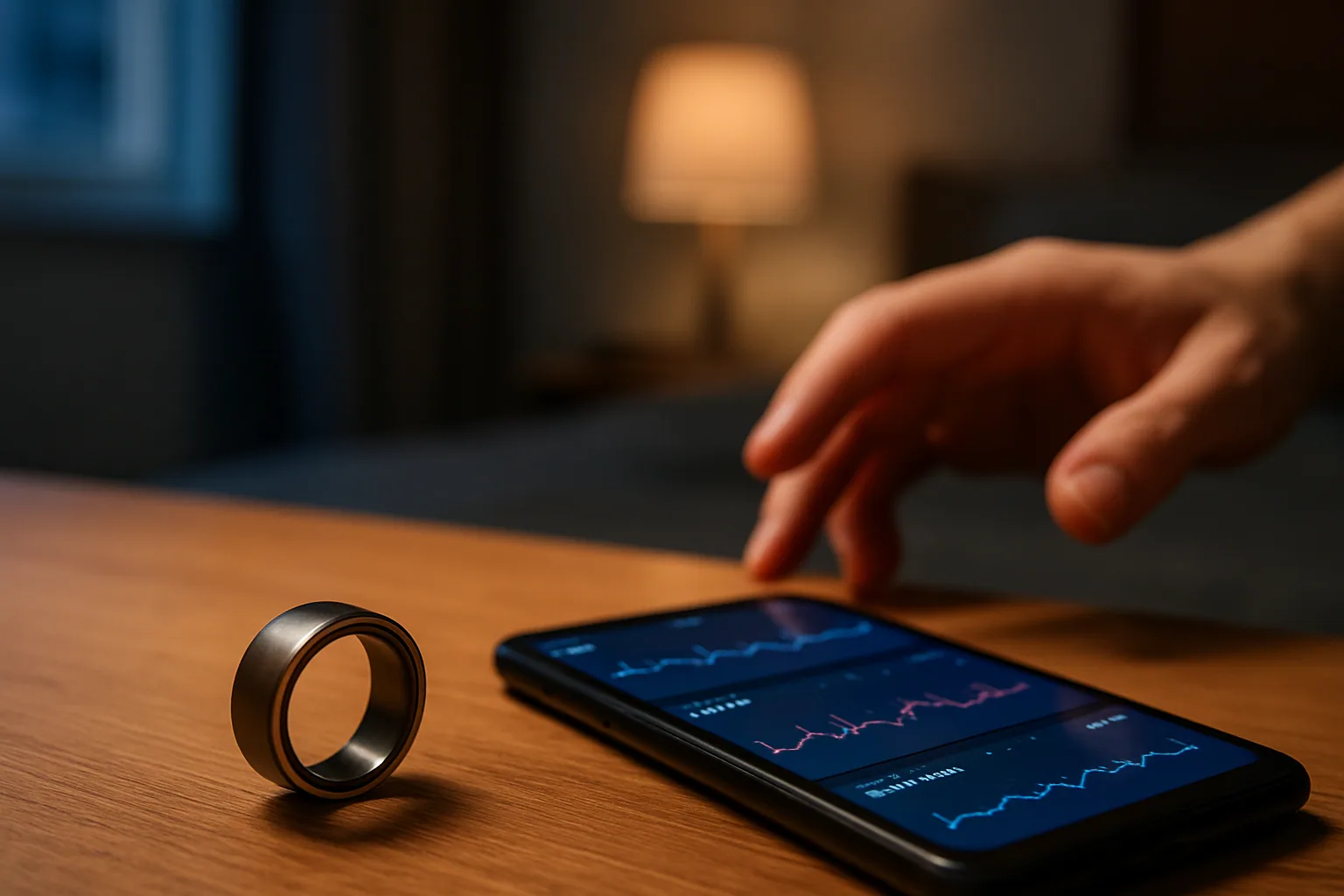 Un anillo inteligente Oura sobre una mesa junto a un teléfono con gráficos de sueño y frecuencia cardiaca, en una escena de escritorio sobria.