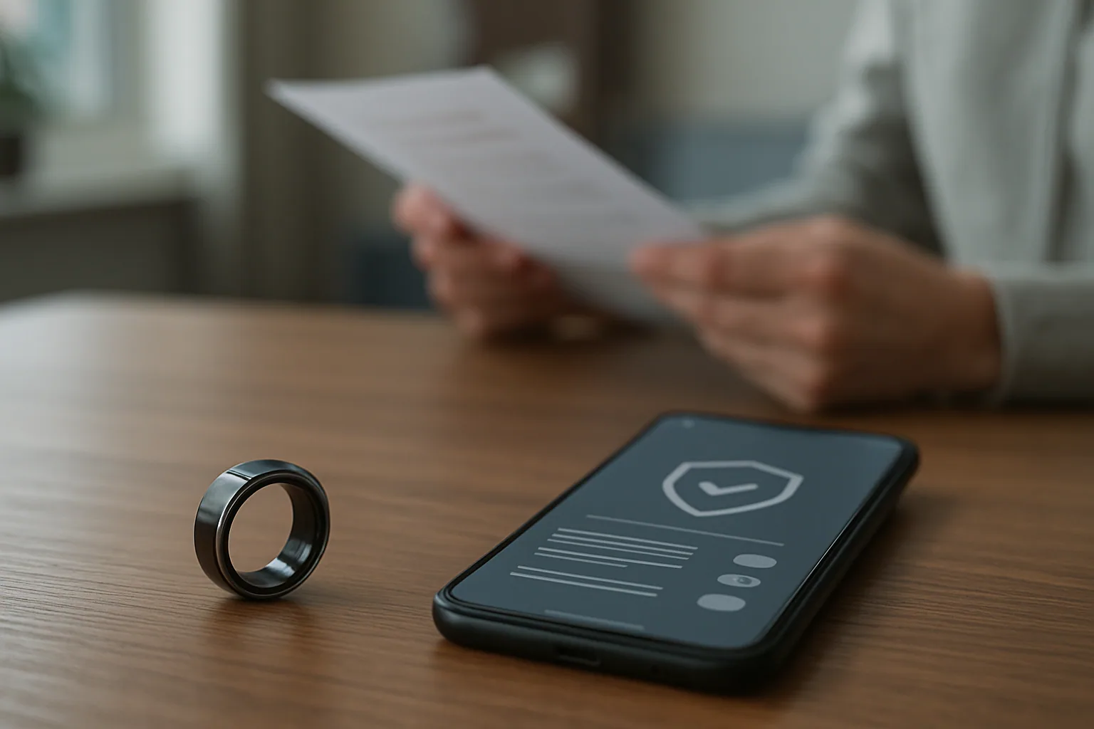 Un anillo inteligente Oura sobre una mesa junto a un teléfono móvil y documentos de privacidad, con una persona revisando ajustes de datos en segundo plano.