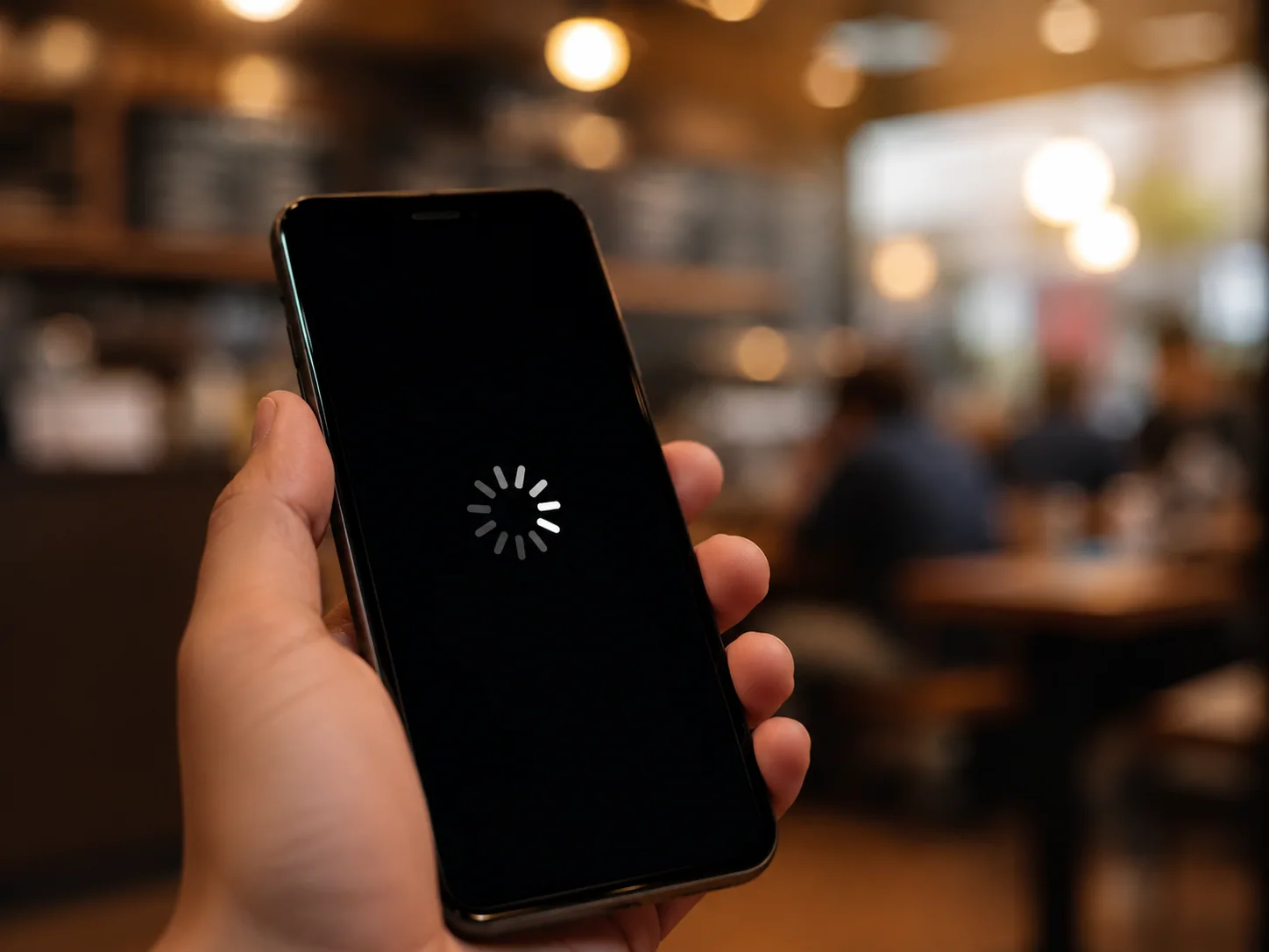 Primer plano de una mano sosteniendo un smartphone que muestra un spinner de carga girando.