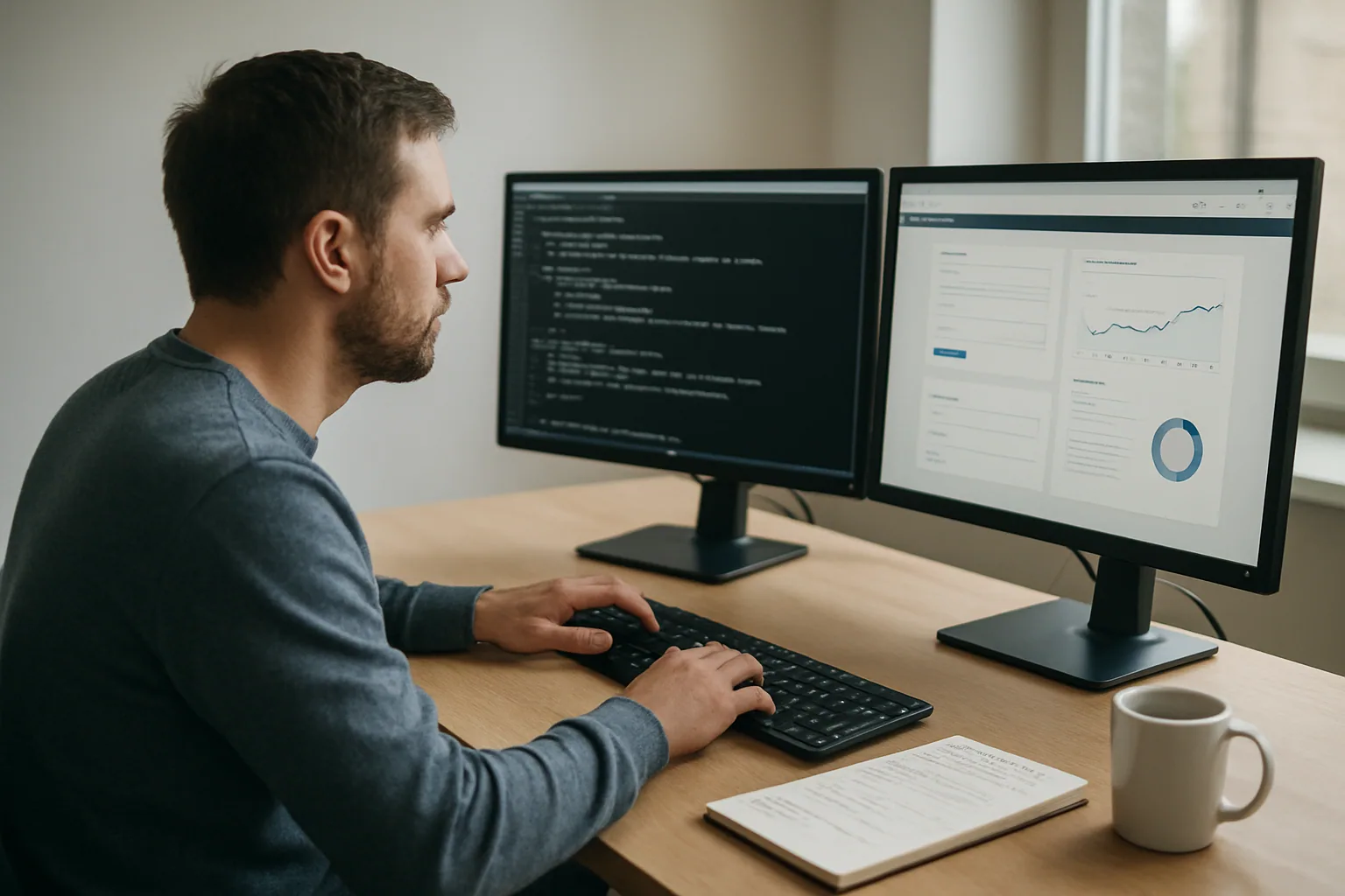 Una persona en una oficina revisa una terminal con comandos de automatización web mientras a un lado hay una lista impresa de tareas repetitivas y un navegador abierto con formularios.