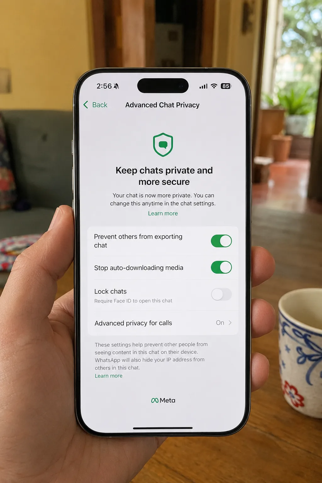 Pantalla de WhatsApp mostrando la pantalla de configuración de Advanced Chat Privacy con todas las opciones de bloqueo activadas