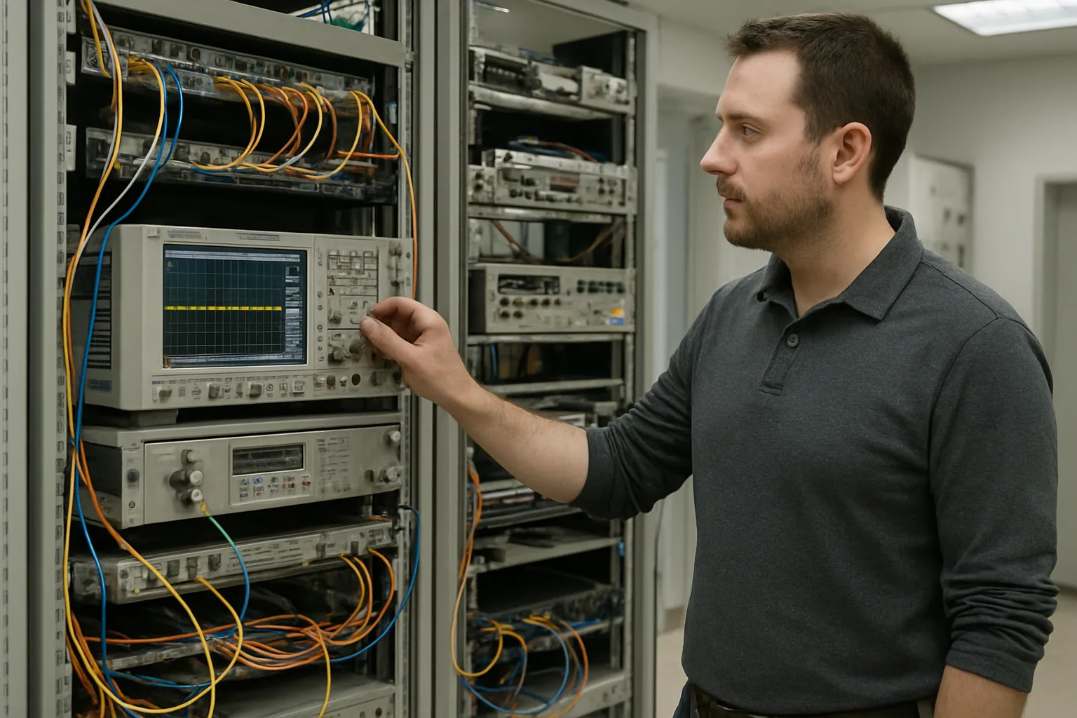 Un técnico revisa un rack de red en un laboratorio con osciloscopio, switches y cableado de fibra óptica mientras monitorea señales de tiempo preciso.