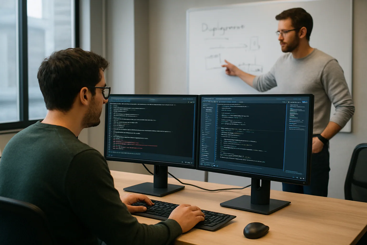 Un equipo de desarrollo trabaja en una sala de reuniones con varias pantallas mostrando terminales, código y paneles de compilación sobre Windows 11.