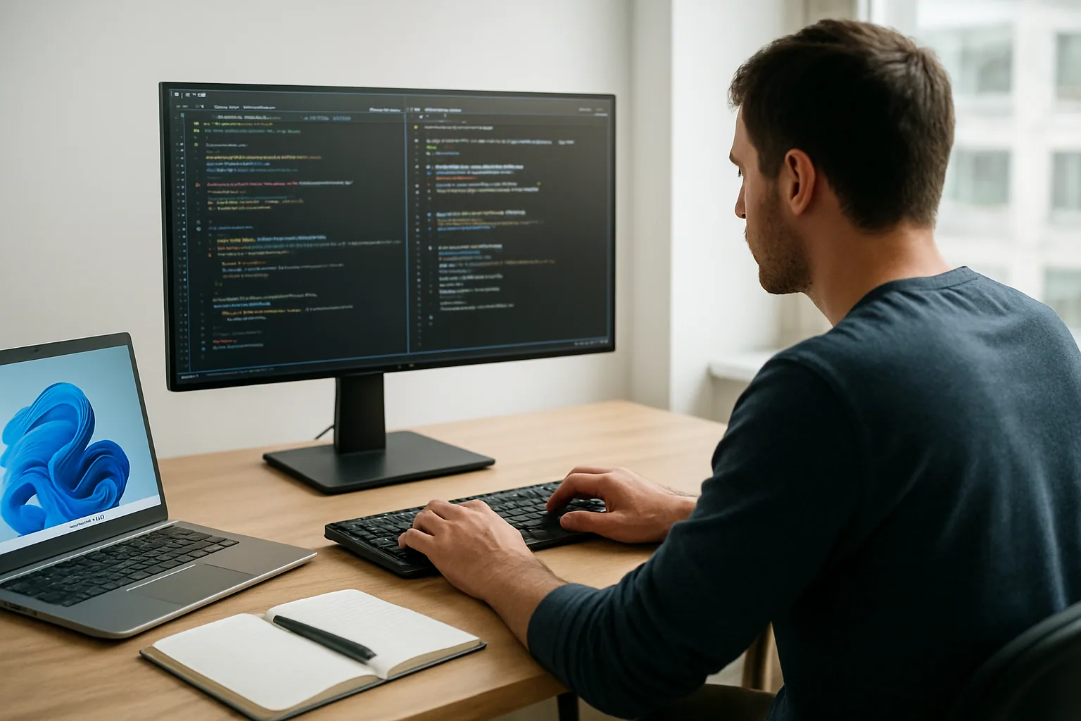 Una desarrolladora trabajando en un escritorio con monitor grande, terminal abierta y una ventana de Windows 11 al fondo en una oficina moderna.