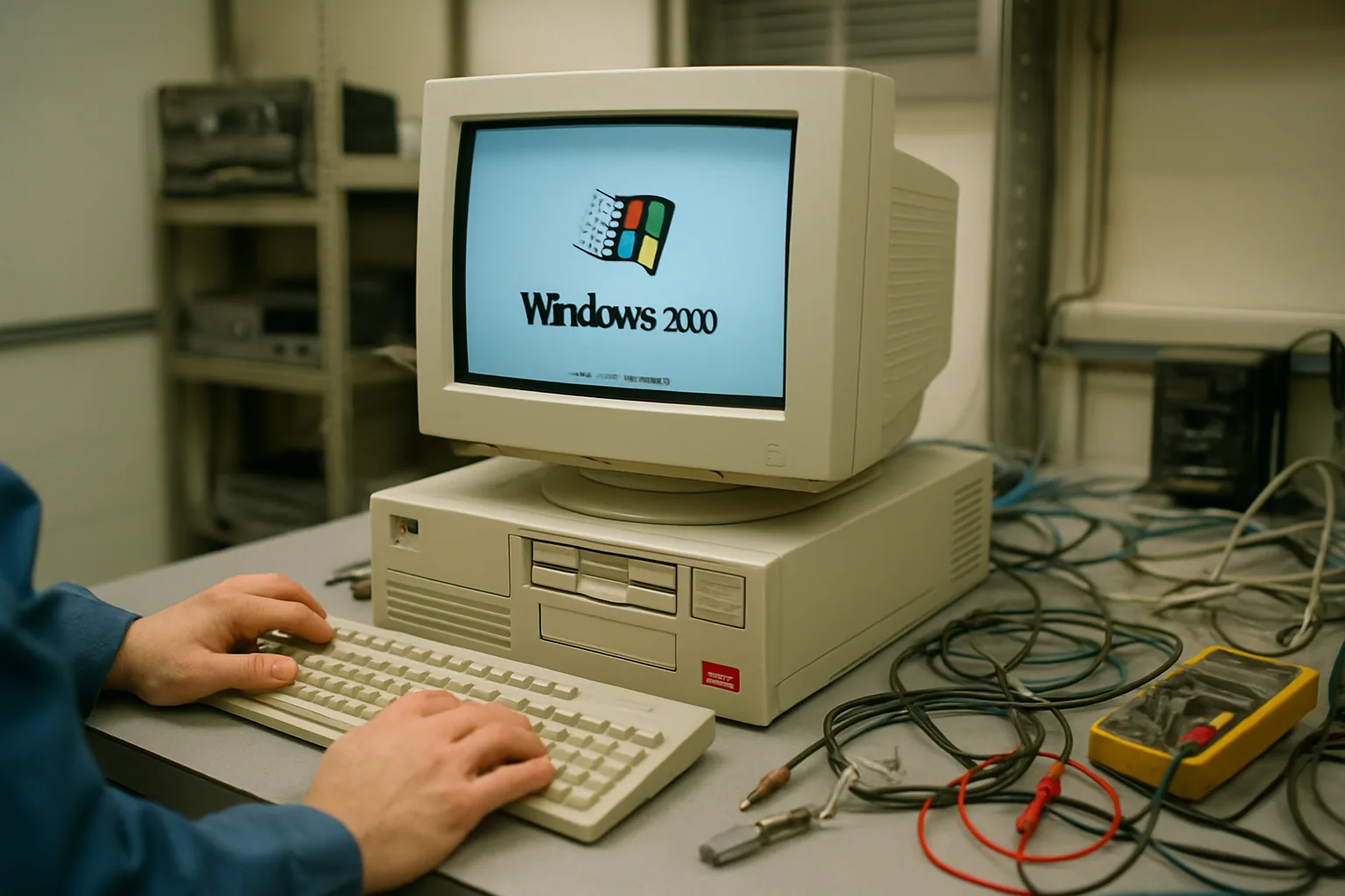 Un equipo DEC Alpha antiguo sobre una mesa de laboratorio, con monitor CRT mostrando una sesión de Windows 2000 arrancada en emulación.