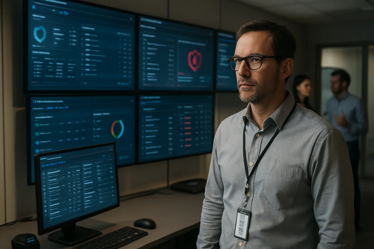 Un administrador de TI revisa políticas de seguridad en una sala de operaciones con varias pantallas mostrando equipos Windows y paneles de permisos.