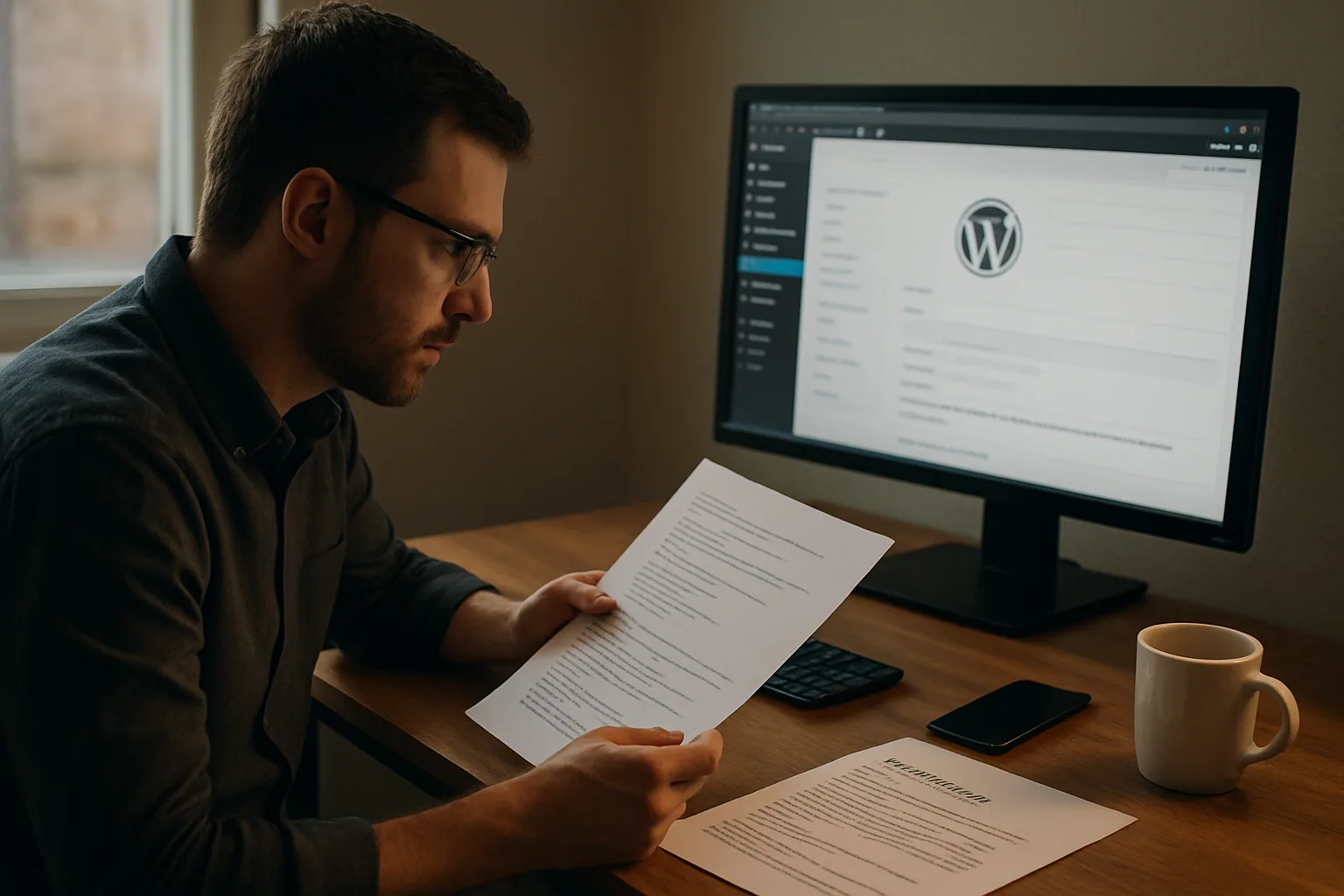Una persona revisa código y notas de seguridad en un escritorio con una pantalla mostrando un sitio de WordPress y documentos técnicos impresos.