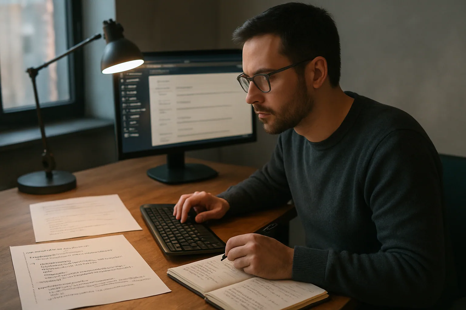 Una persona revisa código de seguridad en una oficina con una pantalla mostrando un sitio WordPress y notas de análisis técnico.
