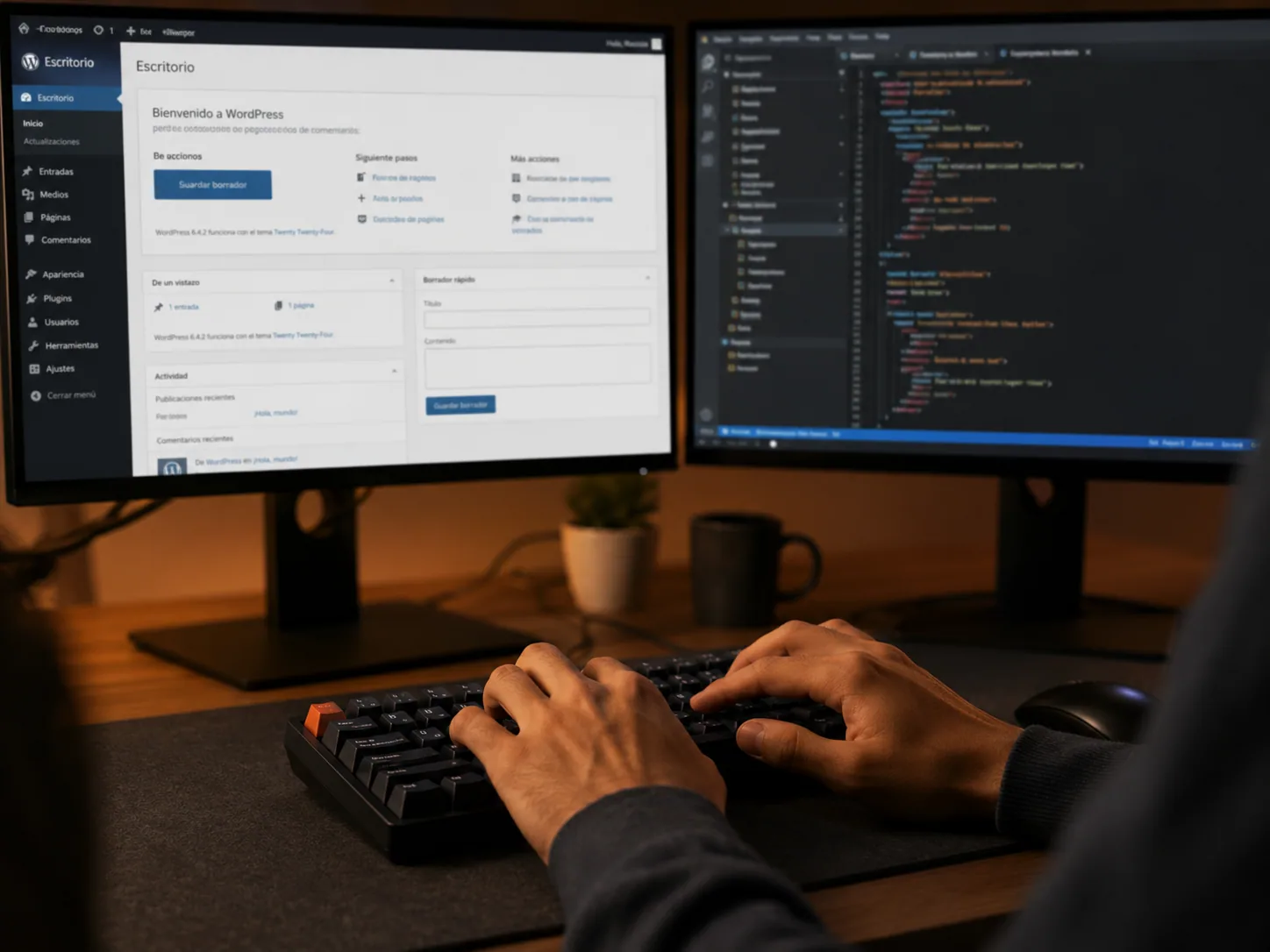 Manos de un desarrollador sobre un teclado mecánico frente a dos monitores que muestran un panel de administración y un editor de código.
