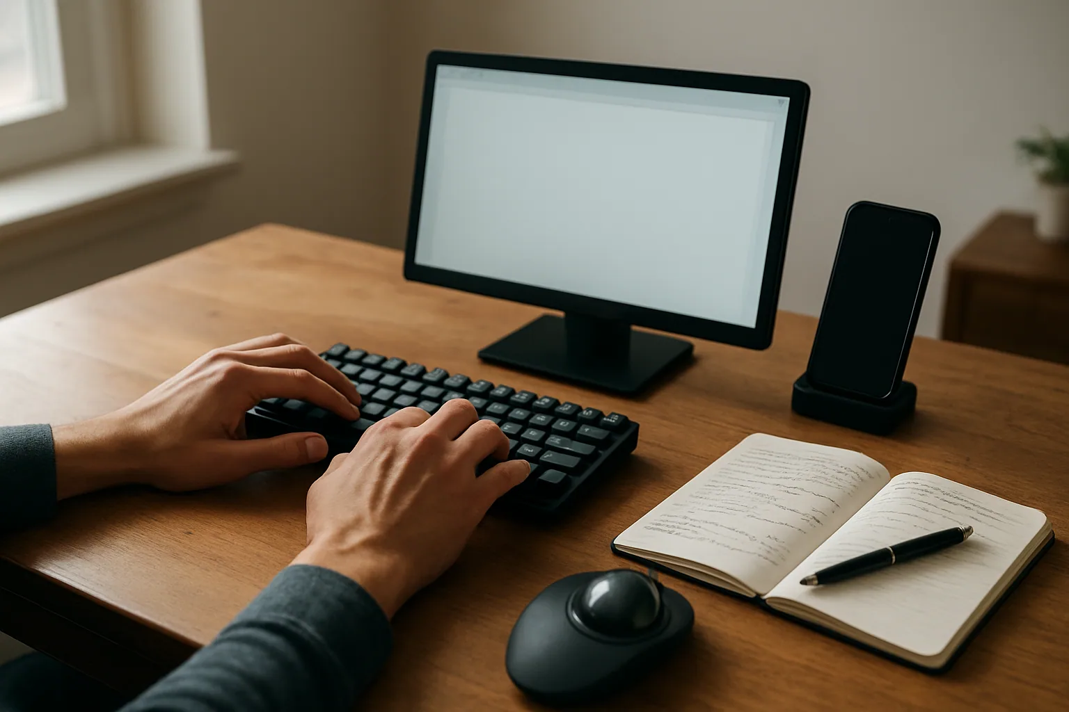 Una mesa de trabajo minimalista con una pantalla pequeña, teclado mecánico compacto, libreta, taza de café y cables ordenados en una oficina iluminada por luz natural.