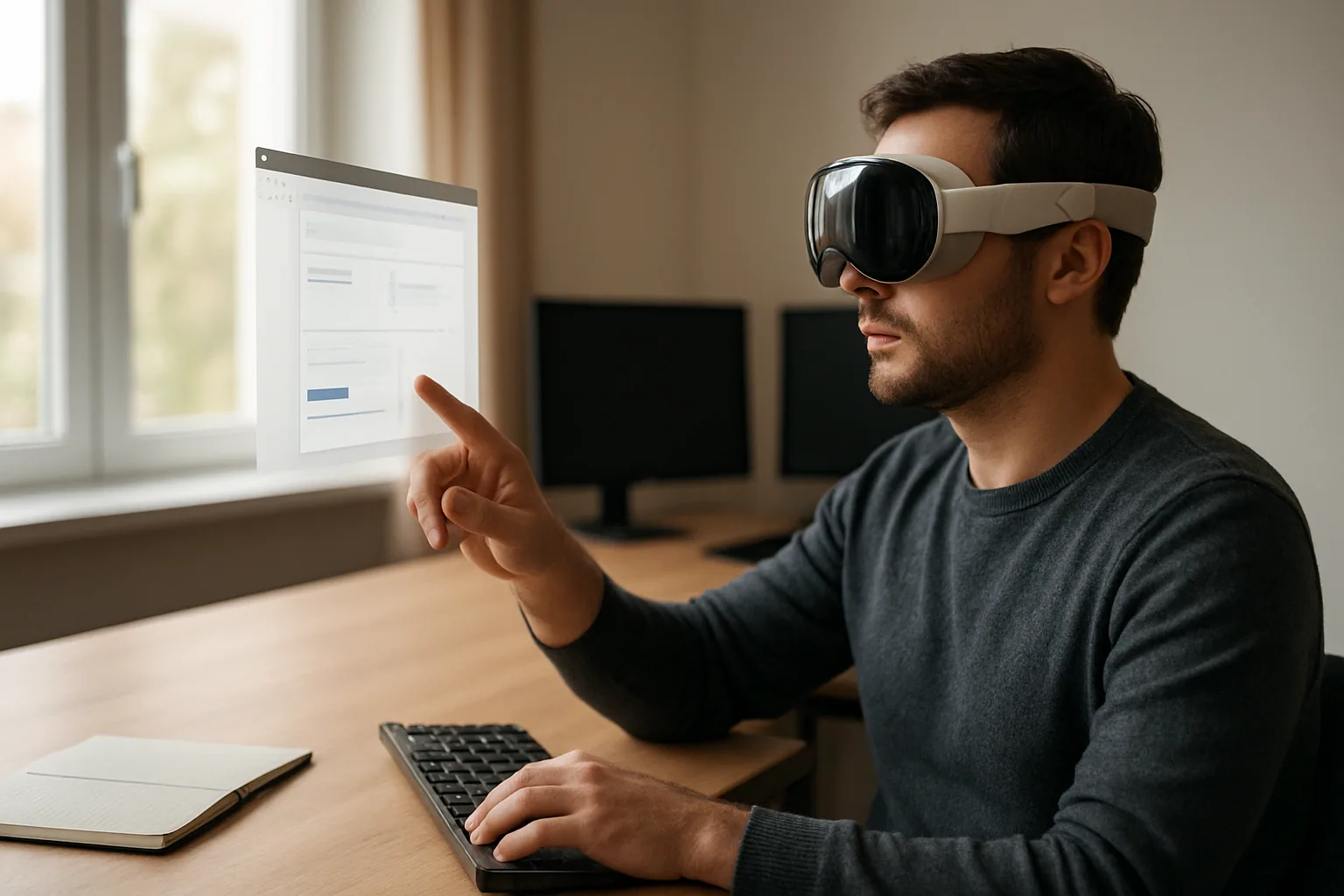 Una persona usando Apple Vision Pro en una mesa de trabajo con una ventana de X11 flotando frente a ella y varios monitores físicos al fondo.