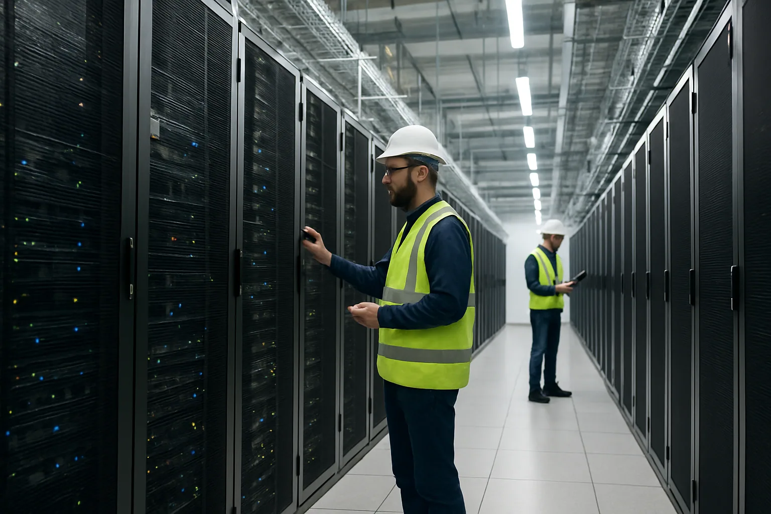 Un centro de datos industrial con filas de racks, pasillos iluminados en azul y técnicos revisando equipos en un entorno de alta densidad de cómputo.