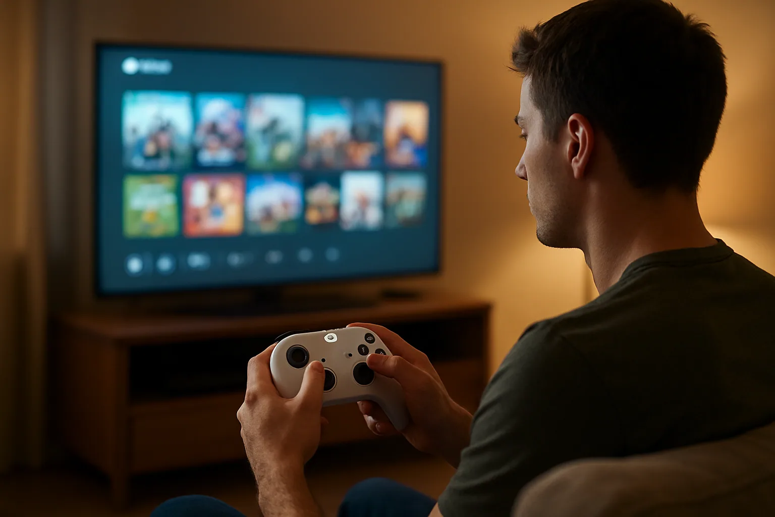 Una persona sostiene un control de Xbox frente a una TV con la interfaz de juegos abierta en una sala moderna.