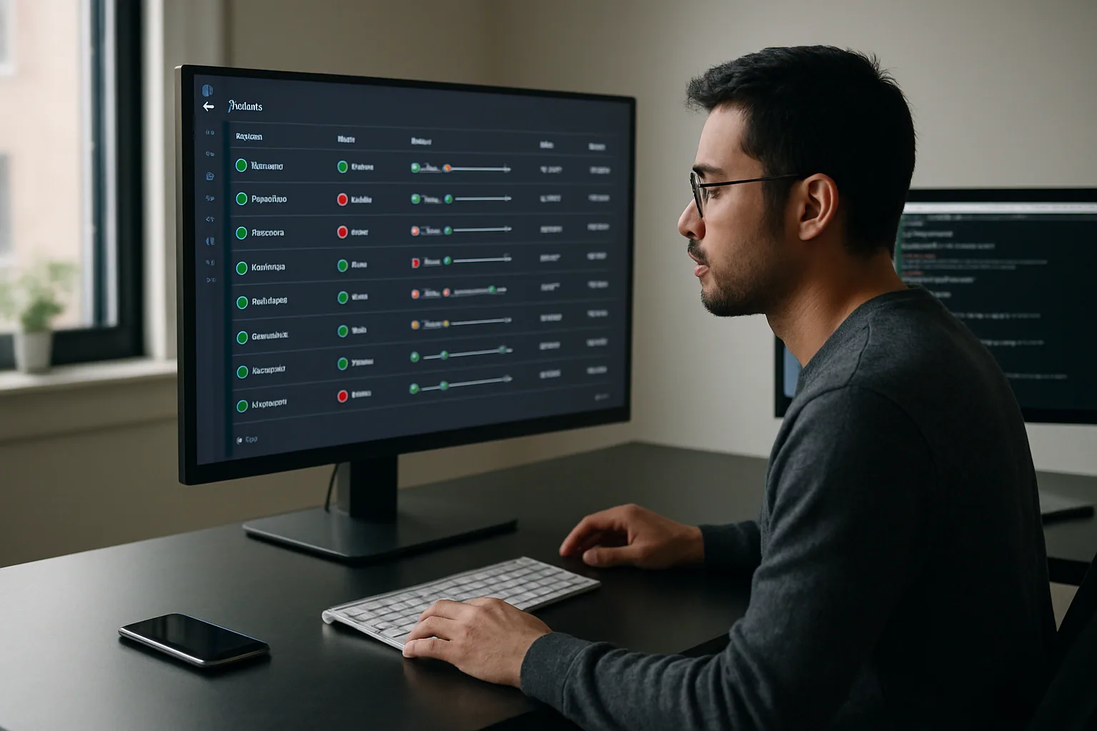 Equipo de desarrollo revisando una pipeline de GitHub Actions en una pantalla de monitoreo mientras se prueba una app de iPhone en un entorno de integración continua.