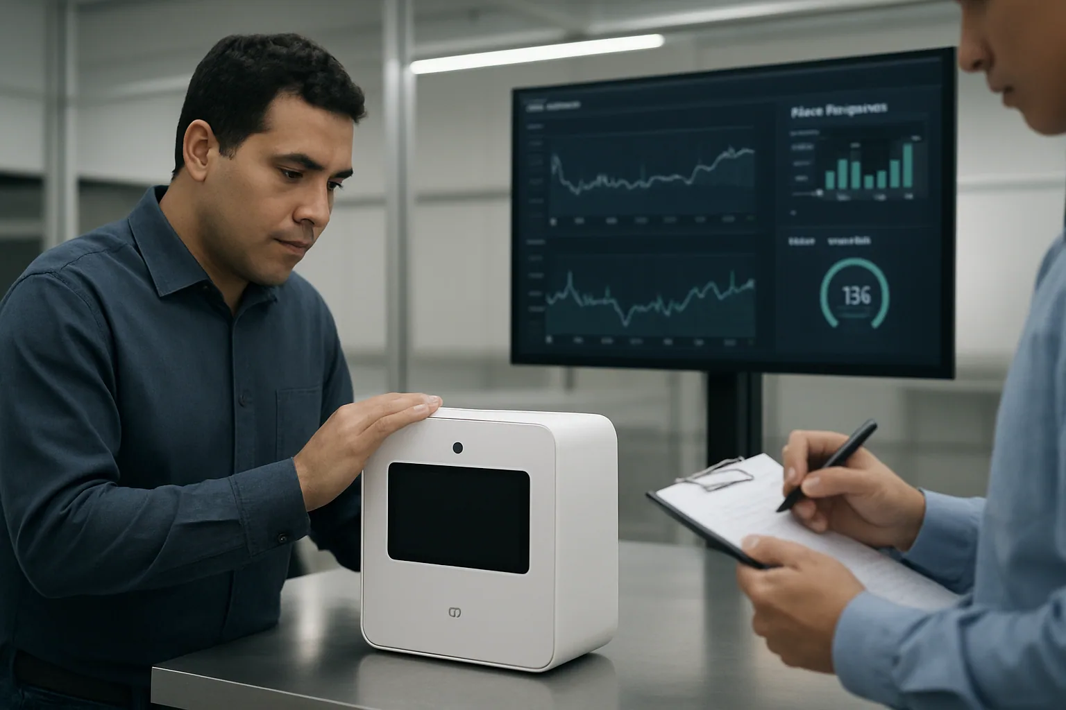 Una persona revisa en una mesa de laboratorio un panel con métricas de inferencia mientras al fondo se ve un dispositivo Xiaomi y una pantalla con un flujo de datos en tiempo real.
