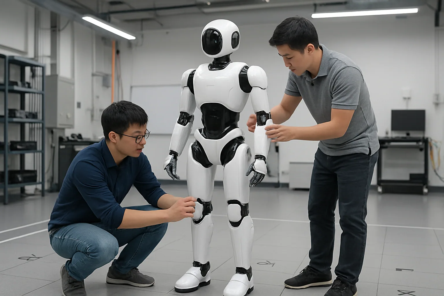 Un robot humanoide de Xiaomi de pie en un laboratorio de robótica con técnicos alrededor y equipos de prueba al fondo.