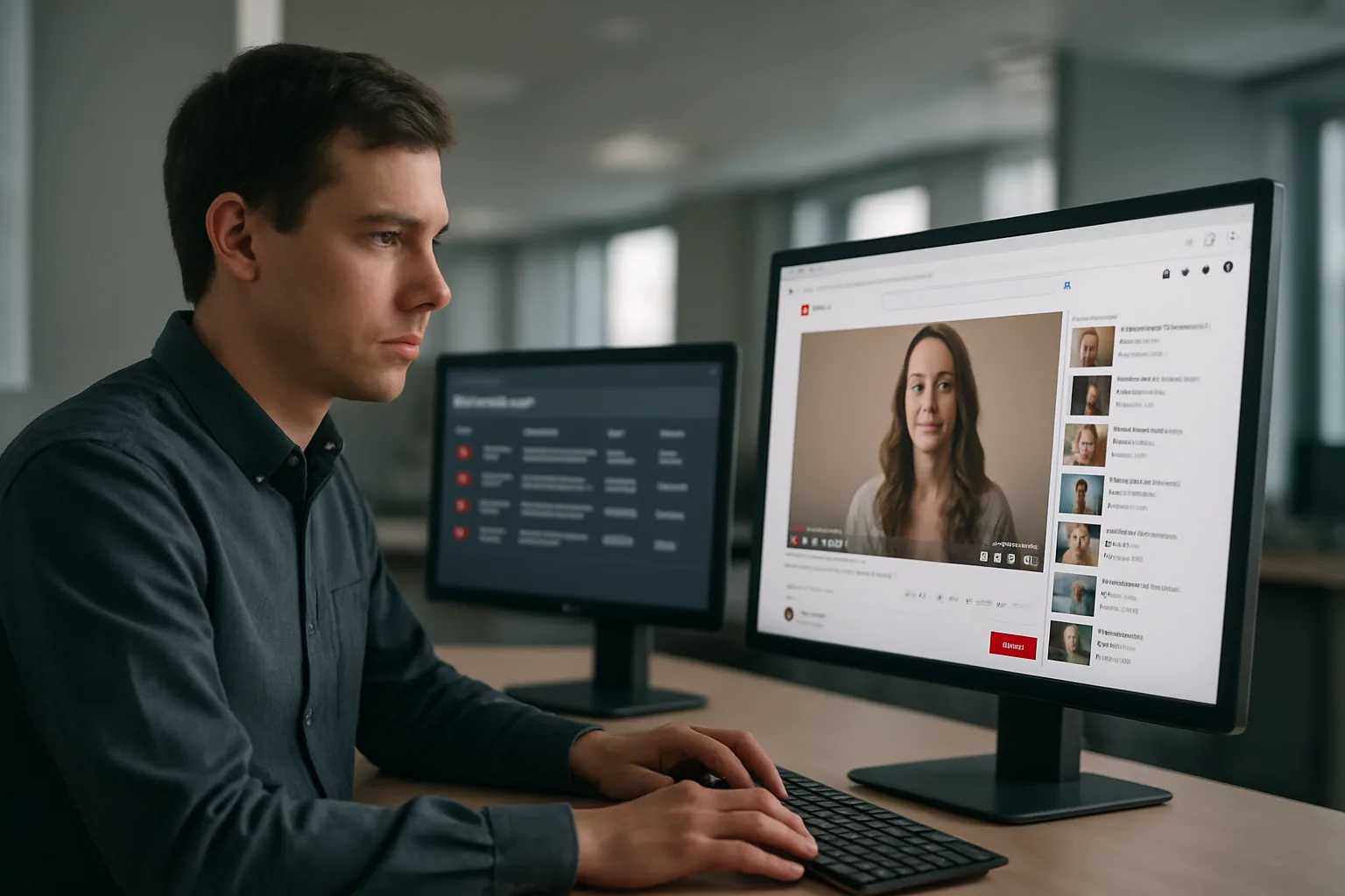 Una persona revisa en un monitor un video de YouTube mientras un equipo de moderación analiza clips en una sala de trabajo.