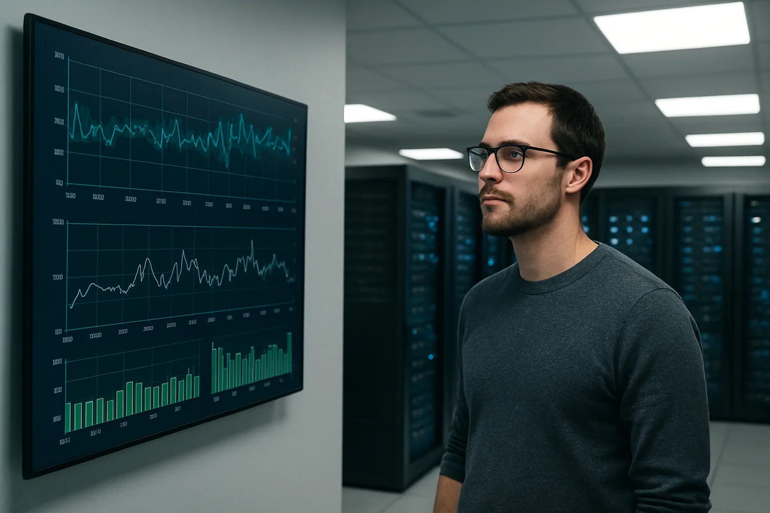 Un ingeniero revisa métricas de red y CPU en una pantalla de monitoreo dentro de un centro de datos, con racks de servidores al fondo y luz fría de oficina.