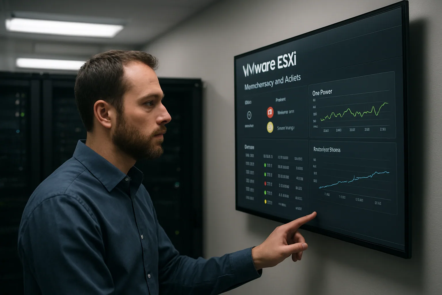 Un administrador de sistemas revisa el estado de varios hosts VMware ESXi en una sala de servidores con racks y luces de actividad.