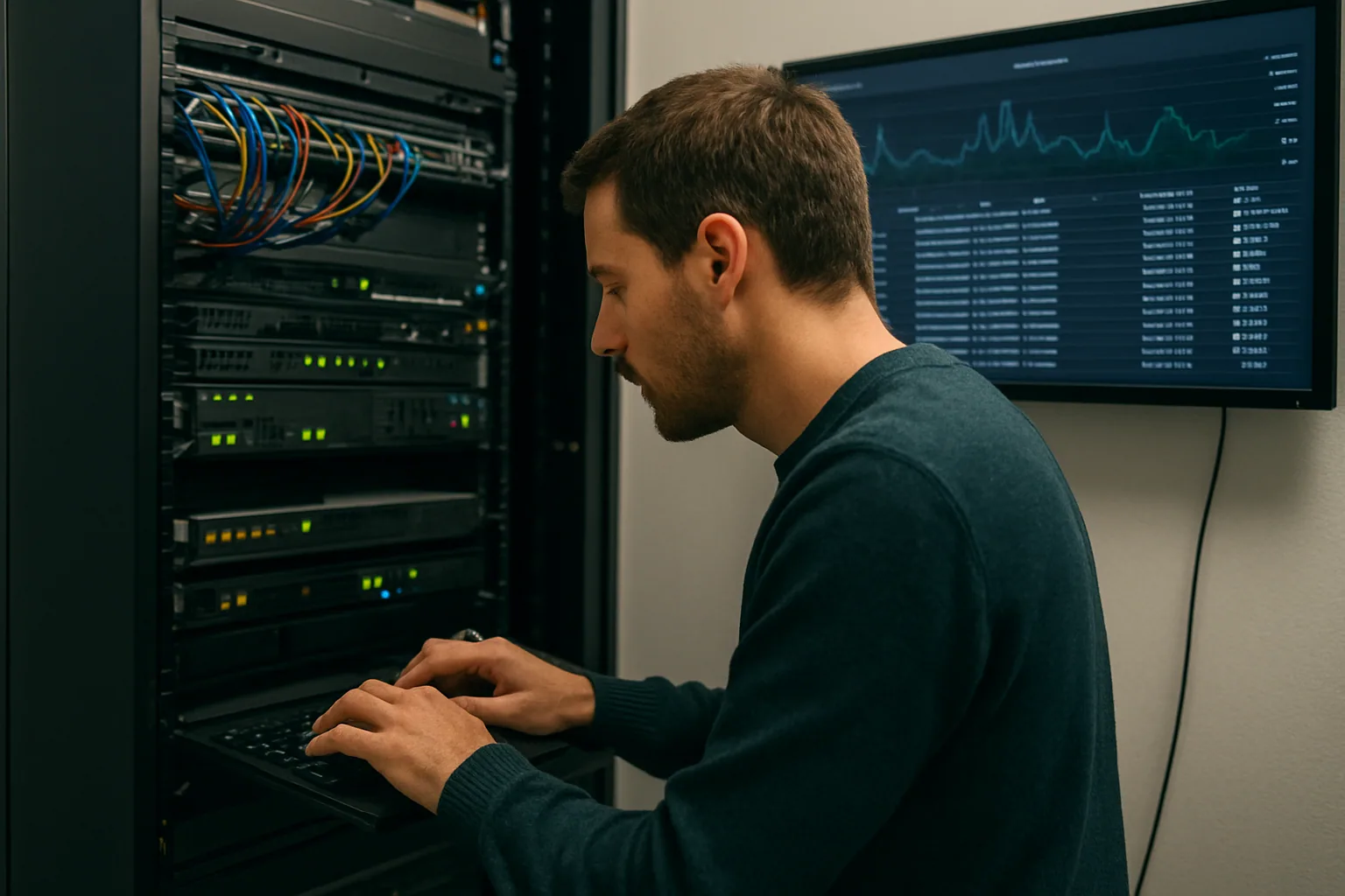 Un ingeniero revisa métricas en una pantalla junto a un servidor compacto en un rack pequeño dentro de una sala técnica.