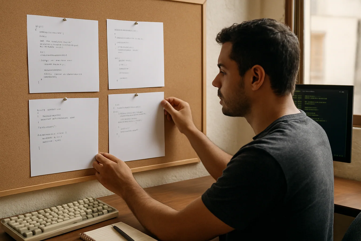 Una persona revisa ejemplos de código en una pizarra junto a una computadora portátil abierta en un escritorio de trabajo técnico.