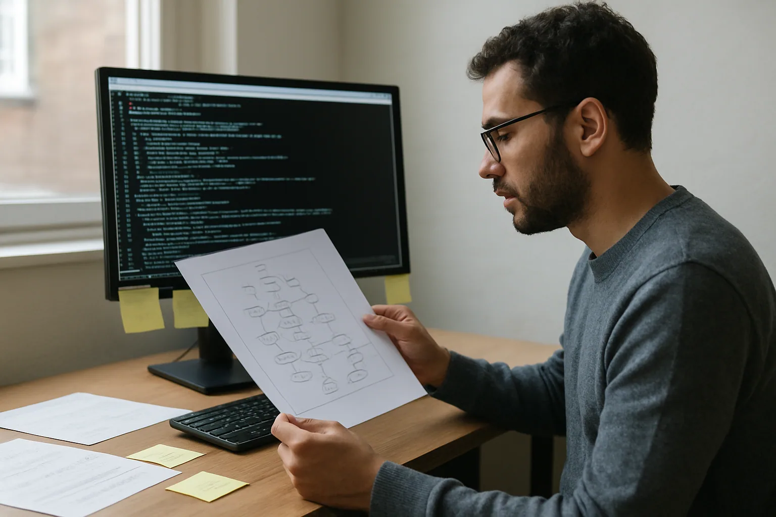 Una persona revisa en una pantalla de escritorio un árbol de dependencias y comandos de build de Zig en una oficina técnica.