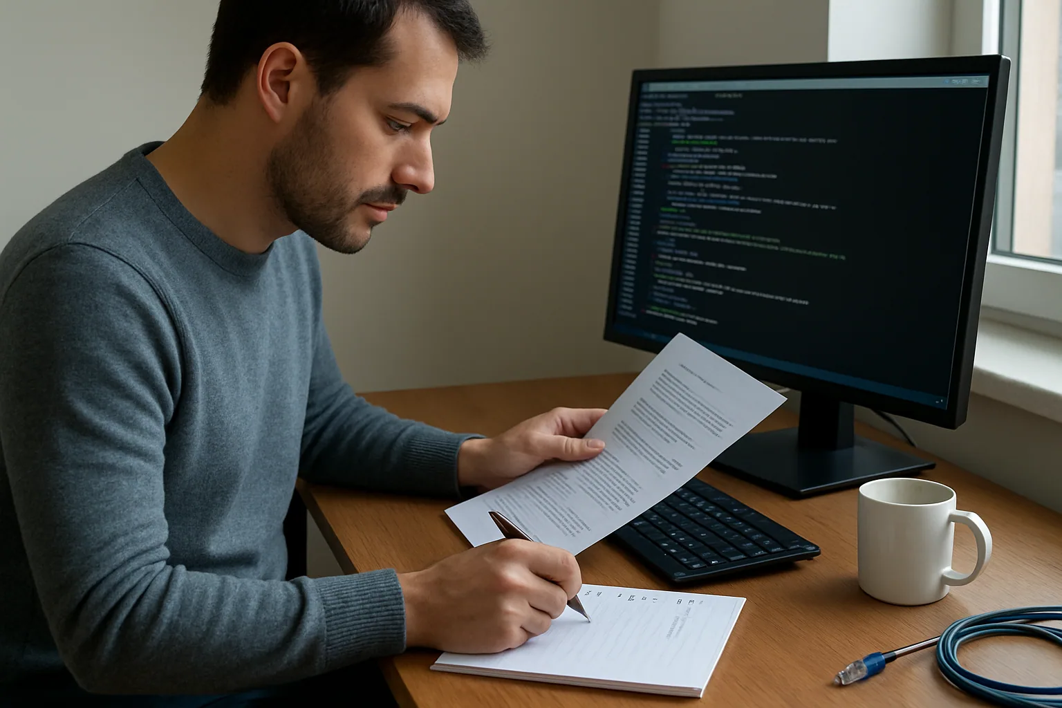 Una persona revisa documentación técnica impresa junto a una terminal abierta en una mesa de trabajo, con notas sobre dependencias y compilación.